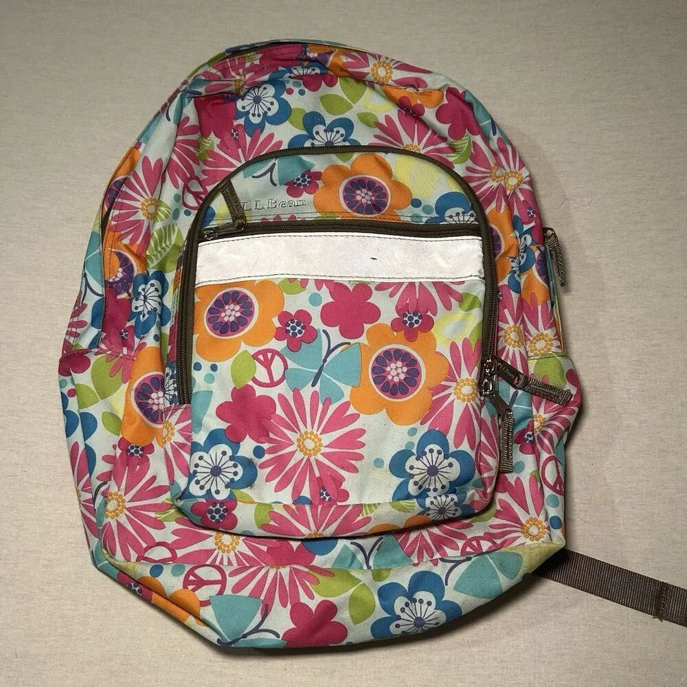 L.L.Bean multicolor floral backpack, vibrant retro flower, silver reflective